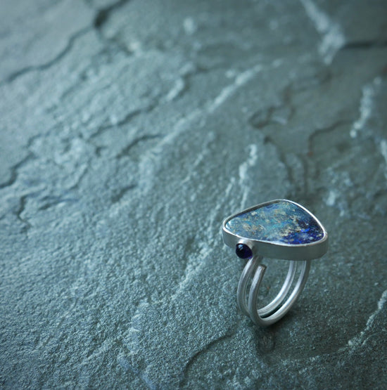 Emergence — An Australian Boulder Opal and Amethyst Ring in Sterling Silver — Size 8 3/4 to 9