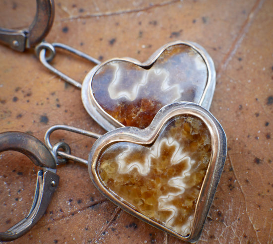 Unbreak my Hearts — A Pair of Suture Ammonite Earrings in Oxidized Sterling Silver and Gold