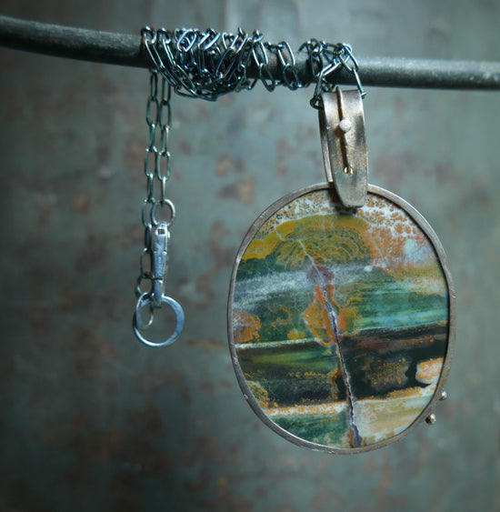 Up with the Morning Dew — An Opalized Petrified Wood Pendant Necklace in Oxidized Silver and 14kt Gold