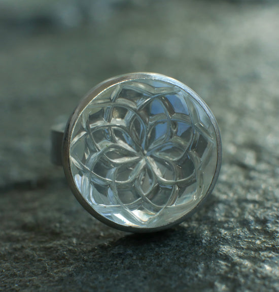 Frozen Dahlia — A Hand Carved Quartz Ring in Sterling Silver — Size 6 1/2