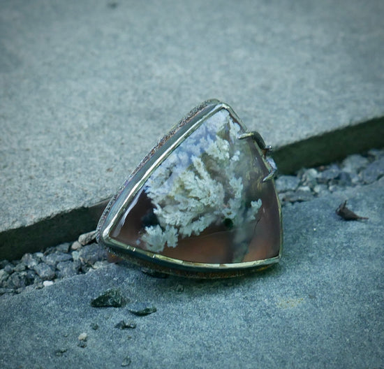 Cranberry Bog Ring — A Plume Agate Statement Ring in Oxidized Sterling Silver — Size 9 1/4