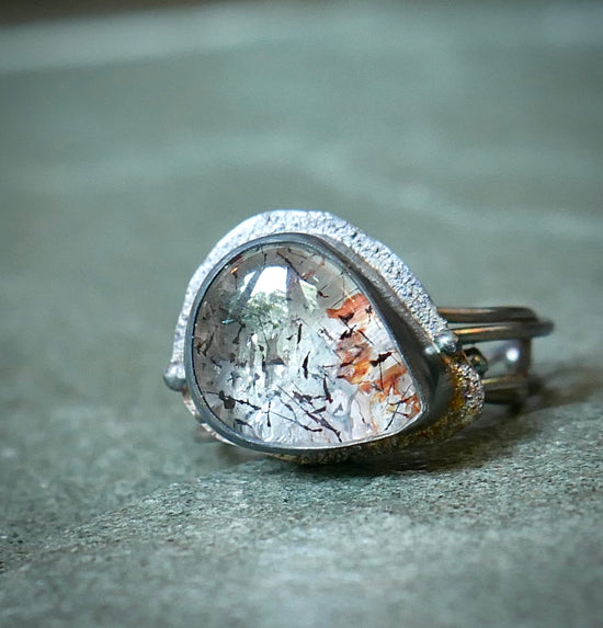 Galaxy’s Stardust — A Super Seven Teardrop Ring in Sterling Silver — Size 5