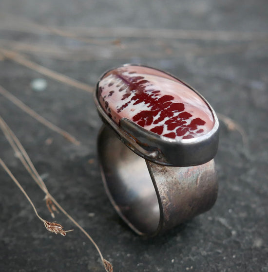 Balance in Burgundy — A Mimbres Valley Apache Sage Rhyolite Ring in Oxidized Sterling Silver — Size 9 to 9 1/4