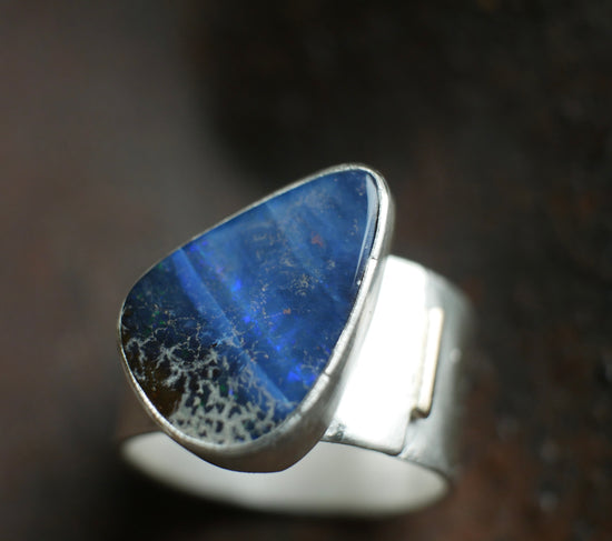 Nighttime in the Cosmos — A Boulder Opal Ring in Sterling Silver and 14kt Gold — Size 6 1/2 to 6 3/4