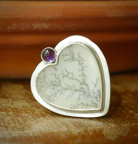 Heartshine — A Dendritic Agate and Amethyst Ring in Sterling Silver — Size 7 3/4