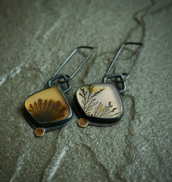 Changing Seasons — A Pair of Mismatched Dendritic Agate Earrings in Oxidized Sterling Silver and Gold