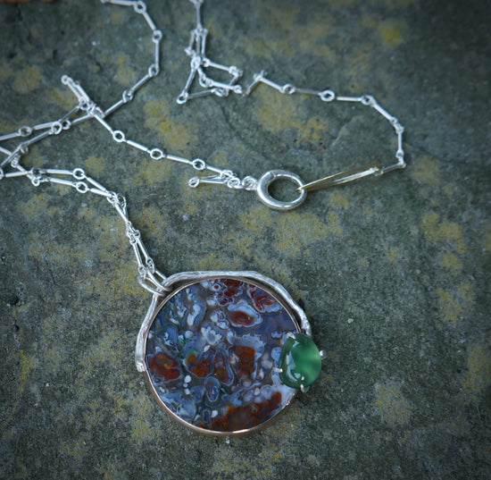 Secret Garden — A Plume Petrified Wood and Serpentine Necklace in Sterling Silver and Brass