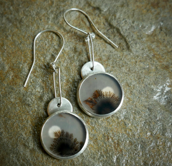 Circles End — A Pair of Dendritic Agate Earrings in Sterling Silver