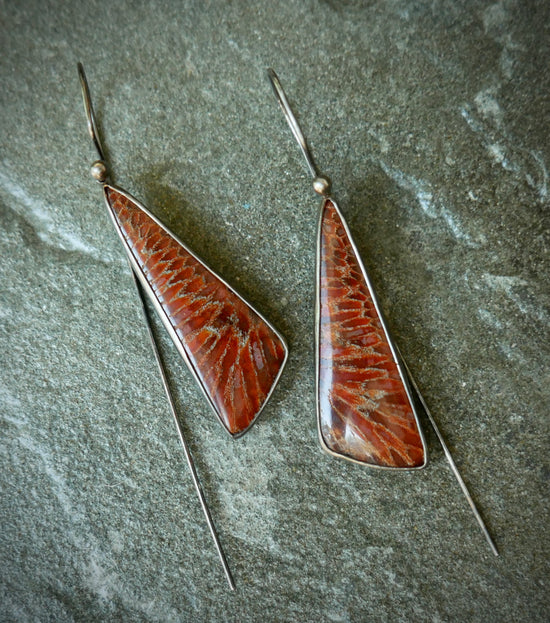 Ember Shards — A Pair of Swinging Fossilized Coral Earrings in Oxidized Sterling Silver