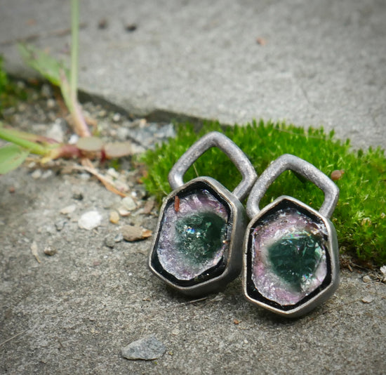 Watermelon Chunks — A Pair of Watermelon Tourmaline Stud Earrings in Oxidized Sterling Silver