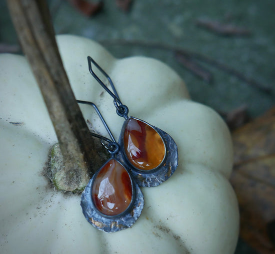 Maple Sap Drop Earrings — Botswana Agate Teardrops In Oxidized Sterling Silver and 14kt Gold Accents