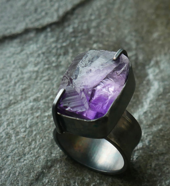 Violet Ice — An Natural Edged Amethyst Statement Ring in Oxidized Silver — Size 7 1/2