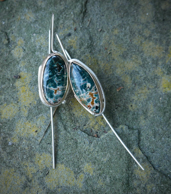 Forest Edge — A Pair of Mismatched Morning Dew Jasper Drop Earrings in Sterling Silver and Gold