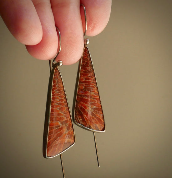 Ember Shards — A Pair of Swinging Fossilized Coral Earrings in Oxidized Sterling Silver