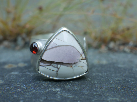Moving Mountains — An Adjustable Brecciated Lilac Mookaite and Garnet Ring in Sterling Silver — Sizes 9 to 10
