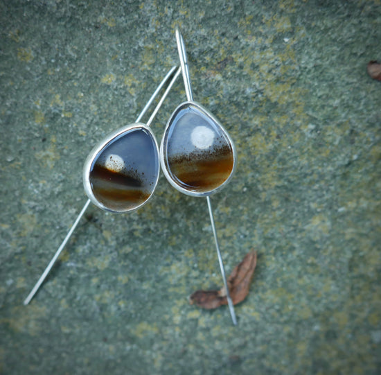 Moon Time Lapse — A Pair of Montana Agate Landscape Drop Earrings in Sterling Silver