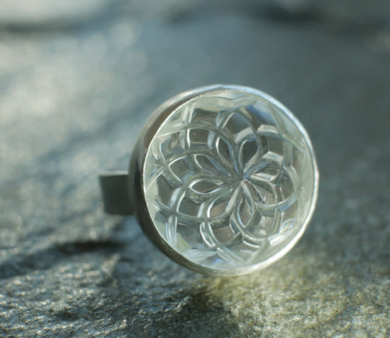 Frozen Dahlia — A Hand Carved Quartz Ring in Sterling Silver — Size 6 1/2