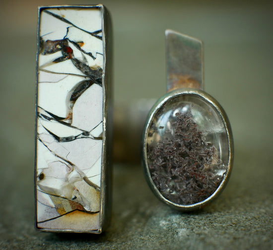 Unshattered — A Brecciated Lilac Mookaite and Garden Quartz Split Shank Ring in Oxidized Sterling Silver — Size 8 to 8 1/2
