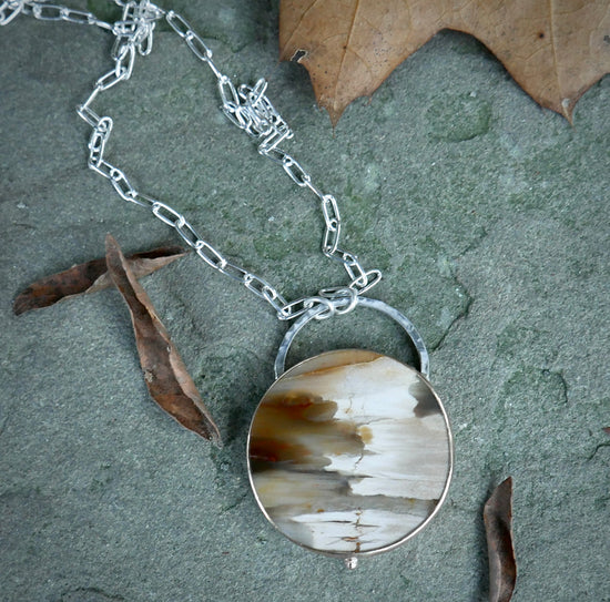 Sands of Time — A Petrified Wood Landscape Pendant Necklace in Sterling Silver and 14kt Gold