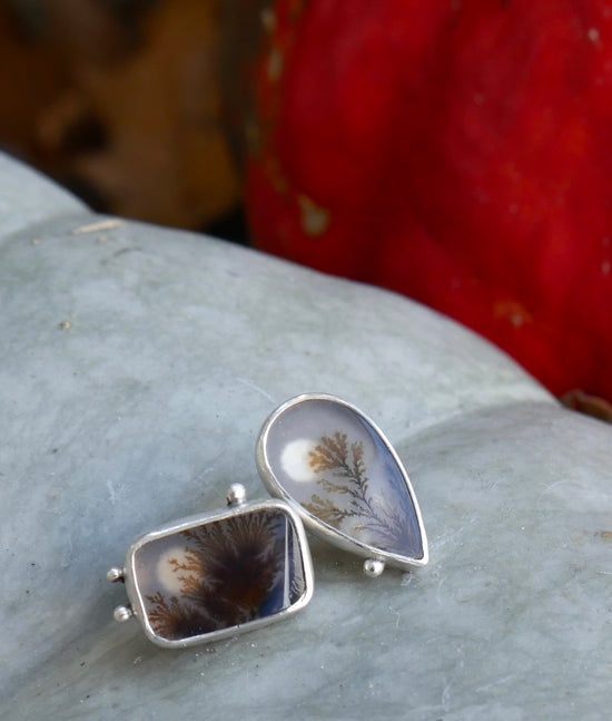 Miniature Gardens — A Mismatched Pair of Landscape Dendritic Agate Stud Earrings in Sterling Silver