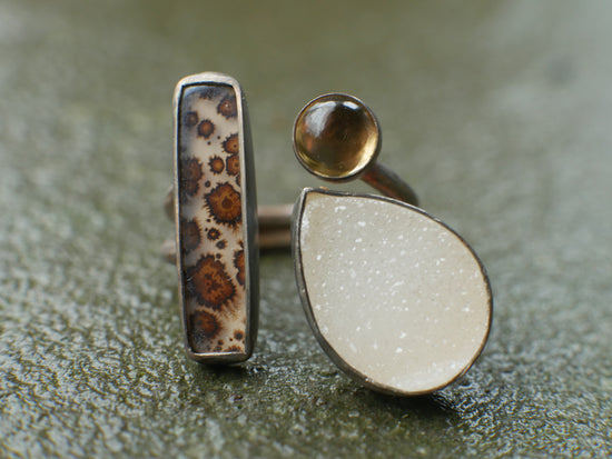 Ode to Autumn — A Dendritic Agate, Quartz Druzy and Citrine Split Ring in Oxidized Sterling Silver — Size 7 to 7 1/2