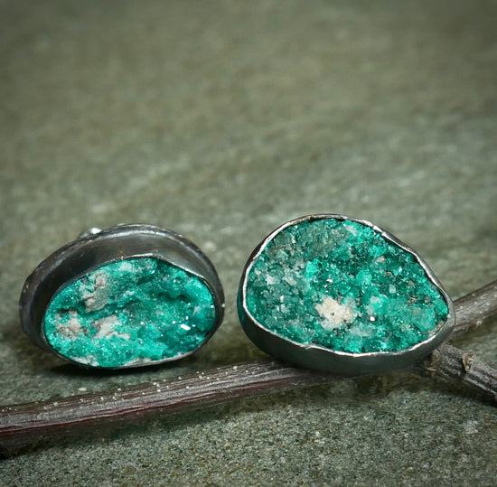 Fairy Dusted Grasslands — A Pair of Dioptase Druzy Stud Earrings in Oxidized Sterling Silver