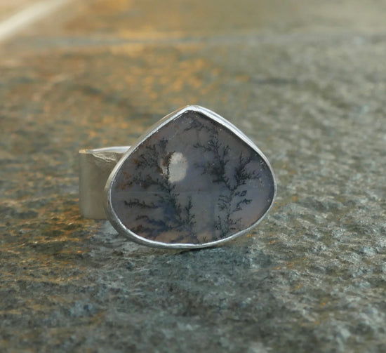 Moonlit Forest — A Dendritic Agate Landscape Ring in Sterling Silver — Size 8 1/2