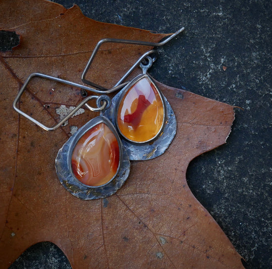 Maple Sap Drop Earrings — Botswana Agate Teardrops In Oxidized Sterling Silver and 14kt Gold Accents