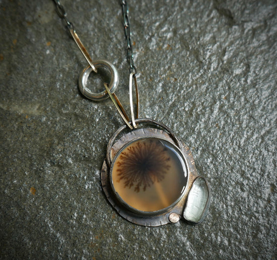 Eternal Sunflower — A Dendritic Agate and Tourmaline Pendant Necklace in Oxidized Sterling Silver and 14kt Gold