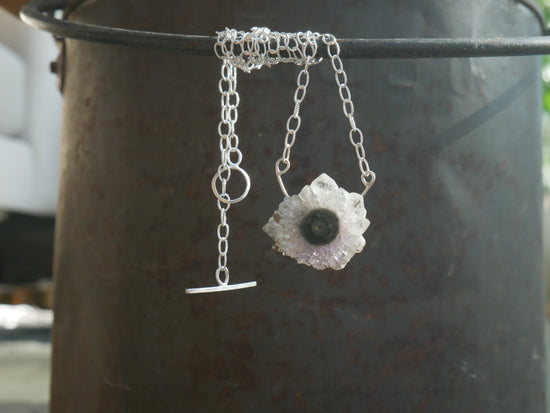 March’s Flower — An Amethyst Stalactite Slice Pendant Necklace in Sterling Silver