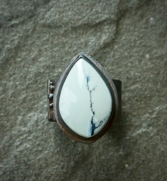 Lightning Strikes Again —  A Polychrome White River Statement Ring in Oxidized Sterling Silver — Size 7 1/4