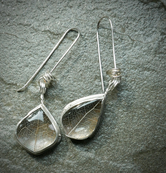 Silver Foliage — A Pair of Skeleton Leaf Clear Quartz Dangle Earrings in Sterling Silver