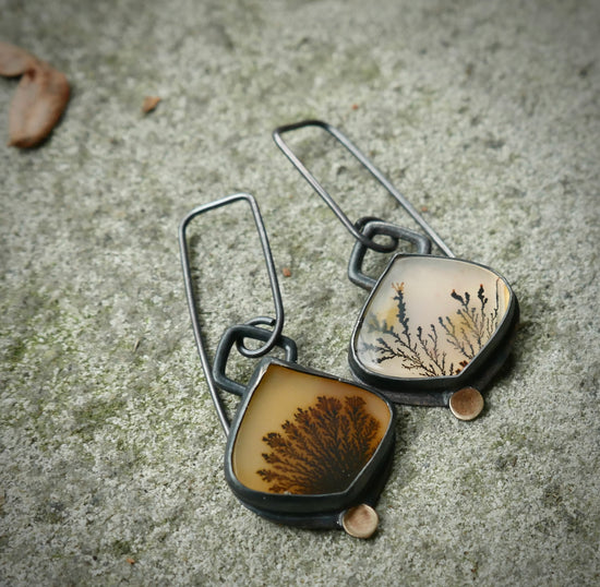 Changing Seasons — A Pair of Mismatched Dendritic Agate Earrings in Oxidized Sterling Silver and Gold