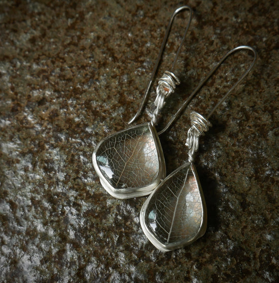Silver Foliage — A Pair of Skeleton Leaf Clear Quartz Dangle Earrings in Sterling Silver