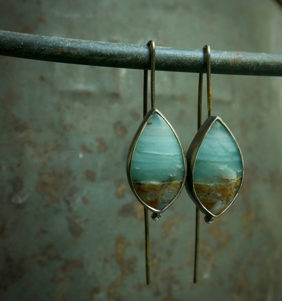 Shoreline Drops — A Pair of British Columbia Ocean Picture Jasper Drop Earrings in Oxidized Sterling Silver