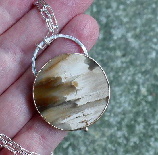 Sands of Time — A Petrified Wood Landscape Pendant Necklace in Sterling Silver and 14kt Gold