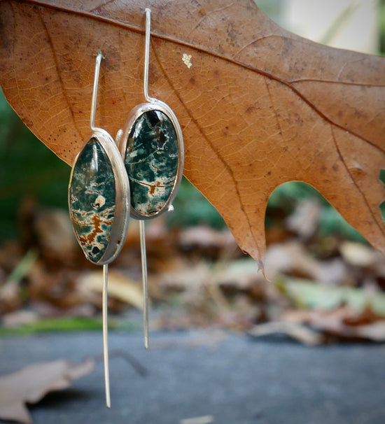 Forest Edge — A Pair of Mismatched Morning Dew Jasper Drop Earrings in Sterling Silver and Gold