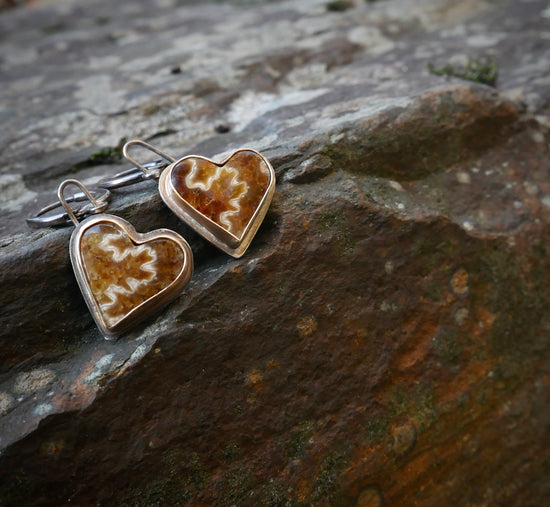 Unbreak my Hearts — A Pair of Suture Ammonite Earrings in Oxidized Sterling Silver and Gold