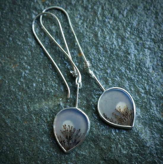 The Drawn Out Evenings — A Pair of Landscape Dendritic Agate Dangle Earrings in Sterling Silver