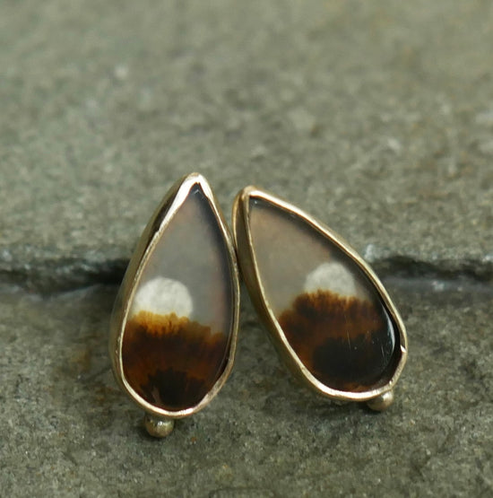 Whispering Hills — A Pair of Landscape Dendritic Agate Studs in Sterling Silver and Gold