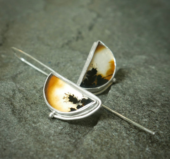 Fire in the Heavens — A Mismatched Pair of Landscape Dendritic Agate Earrings in Sterling Silver