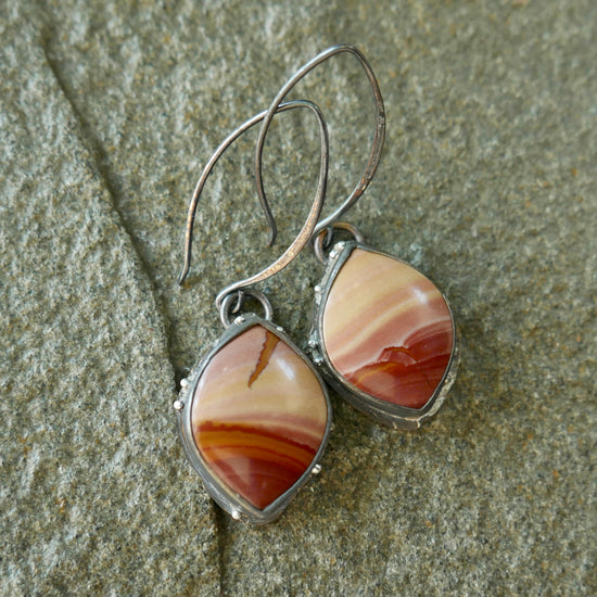 Somewhere Sunsets — A Pair of Red Falcon Jasper Dangle Earrings in Oxidized Sterling Silver and 14kt Gold