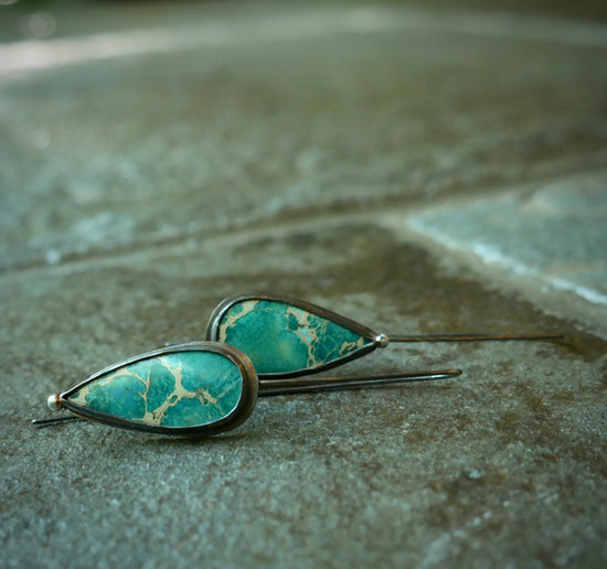Surface Current — A Pair of Sea Sediment Jasper Drop Earrings in Oxidized Sterling Silver