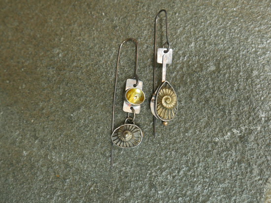 Ancient Seas — Dangle Earrings in Oxidized Sterling Silver and 14kt Gold