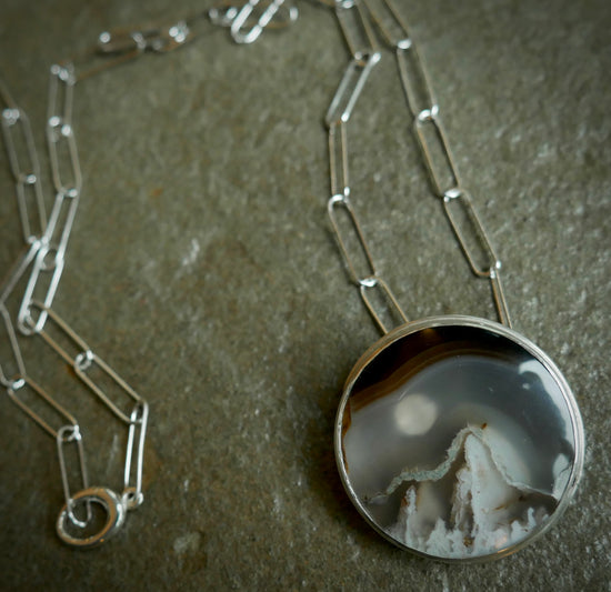 Mountain Clarity — A Plume Agate Landscape Pendant Necklace in Sterling Silver