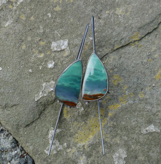 High Tide — A Pair of Petrified Wood Drop Earrings in Oxidized Sterling Silver