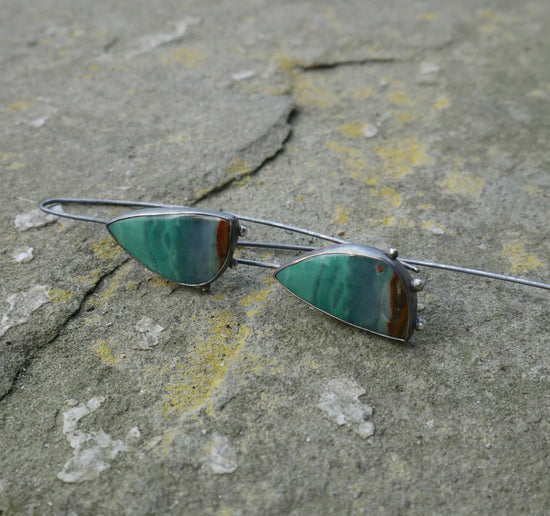 High Tide — A Pair of Petrified Wood Drop Earrings in Oxidized Sterling Silver