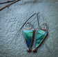 Deep Water Secrets — Blue Opalized Wood and Garnet Dangle Earrings in Oxidized Sterling Silver