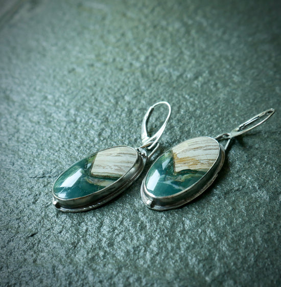 Corn Fields — A Pair of Green Jasper Dangle Earrings in Shiny and Oxidized Sterling Silver