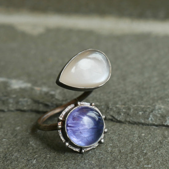 Frozen in Time: Winter Palette — A Bridewell Stone and Grey Moonstone Ring in Oxidized Sterling Silver — Sizes 8 3/4 to 9 1/4